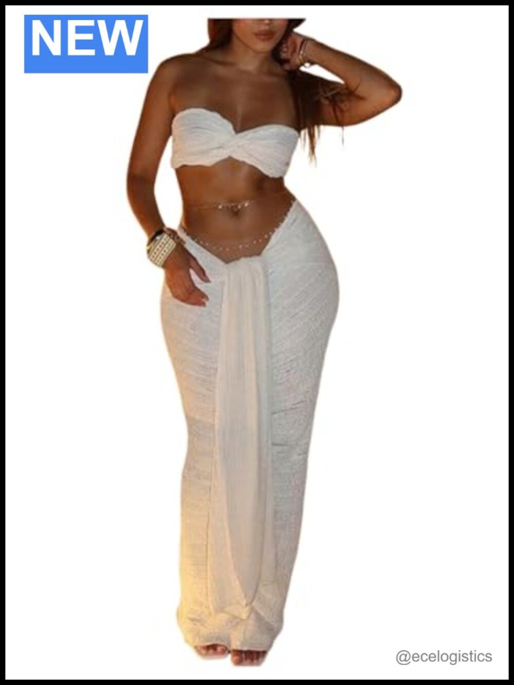 2 Piece Vacation Outfit Strapless Bandeau Crop Top Bodycon Maxi Skirt Set